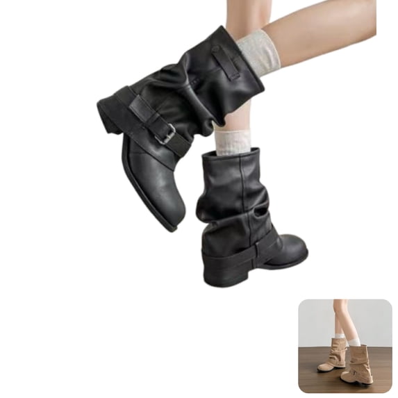 Willtoo Slouchy Fold Over Boots For Women, Faux Leather Buckle Strap Mid Calf Boots, Low Block Heel Pull On Fashion Boots, Round Toe Casual Fall Winter Footwear