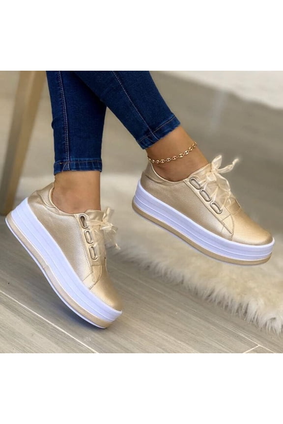 Sneakers For Women Slip On Wide Width PU Leather Shoes Lace Up Casual Fashion Walking Platform Flats Loafers Gold