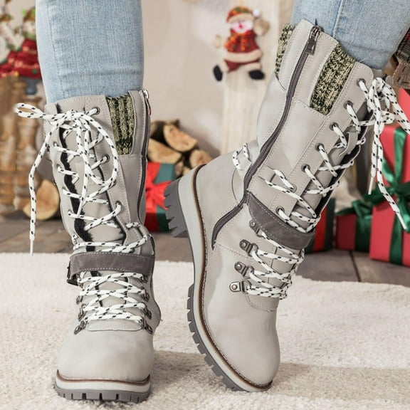 Willtoo Snow Boots for Women Winter Warm 2025 Stretch Knit Combat Boots Non Slip Chunky Low Heel Ankle Booties Round Toe Lace Up Mid Calf Boots Buckle Fashion Work Riding Boots Gray