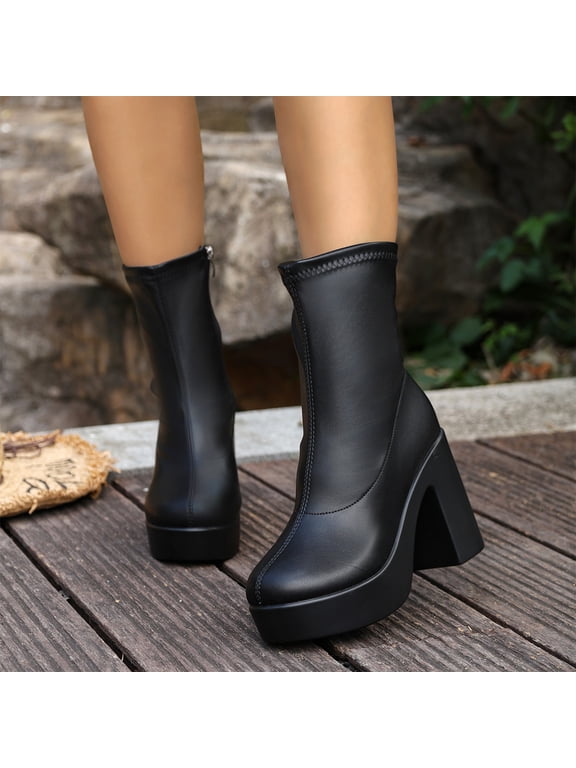 Square Toe Boots for Women High Chunky Block Heel Ankle Booties Platform Stretch Boots for Autumn Winter