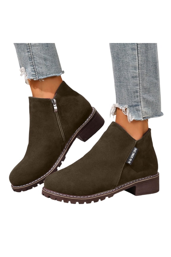 Suede Ankle Boots for Women Low Heel Non Slip Low Chunky Booties Fall Winter Walking Outdoor Short Boots with Zipper Army Green