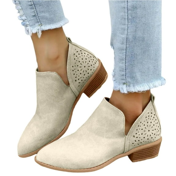 Willtoo Suede Ankle Boots for Women Low Heel Non Slip Low Chunky Booties Fall Winter Walking Outdoor Short Boots with Zipper Beige