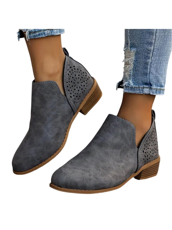 Faux Suede Ankle Boots for Women Low Heel Non Slip Low Chunky Booties Fall Winter Walking Outdoor Short Boots with Zipper Gray
