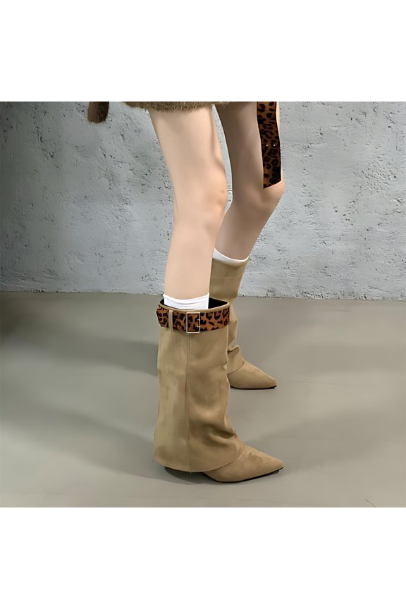 Suede Fold Over Shark Boots for Women, Pointed Toe Chunky Heel Knee High Boots with Removable Leopard Buckle Strap, Retro Chic Pull-On Tall Booties for Fall Winter Streetwear Outfits