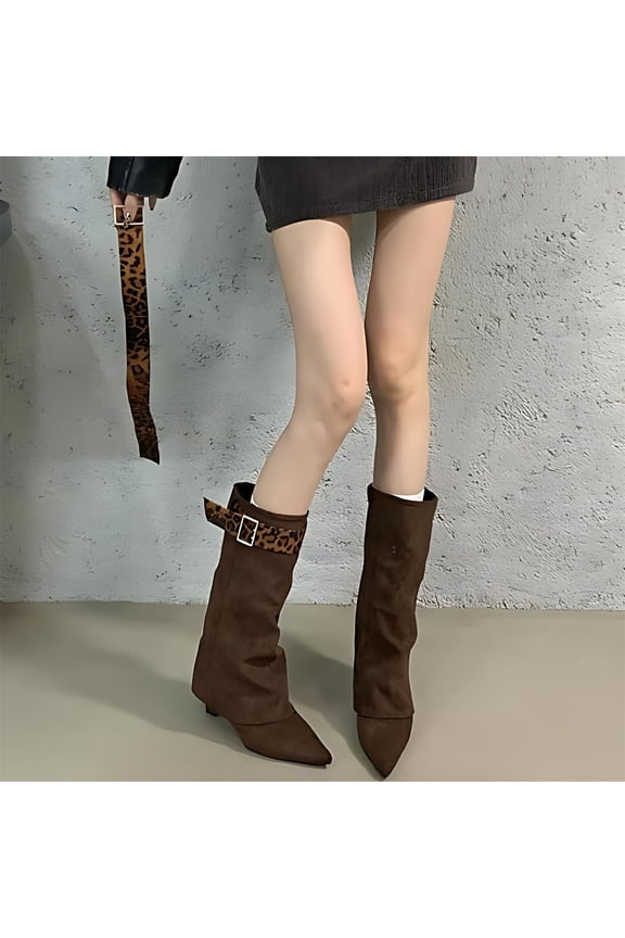 Suede Fold Over Shark Boots for Women, Pointed Toe Chunky Heel Knee High Boots with Removable Leopard Buckle Strap, Retro Chic Pull-On Tall Booties for Fall Winter Streetwear Outfits