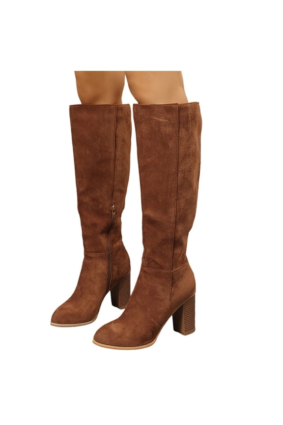 Suede Knee High Boots for Women Chunky Block High Heel Boots Round Toe Side Zipper Slouch Fashion Boot