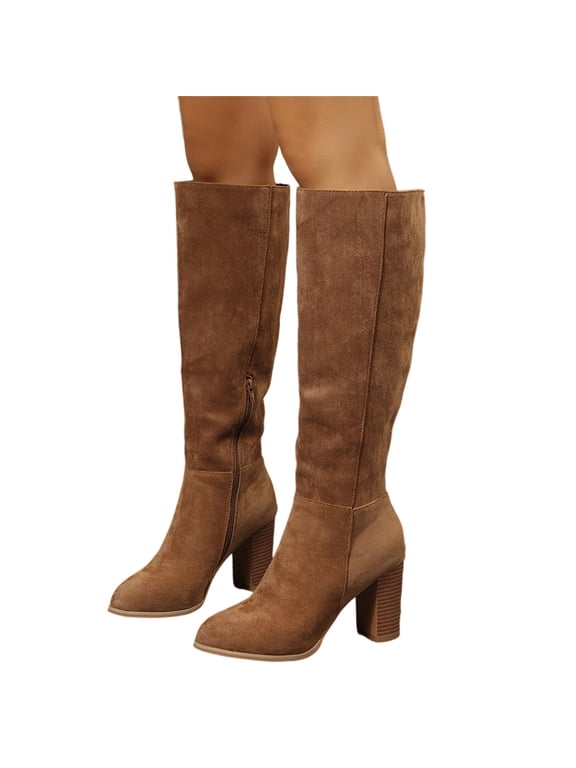 Faux Suede Knee High Boots for Women Chunky Block High Heel Boots Round Toe Side Zipper Slouch Fashion Boot
