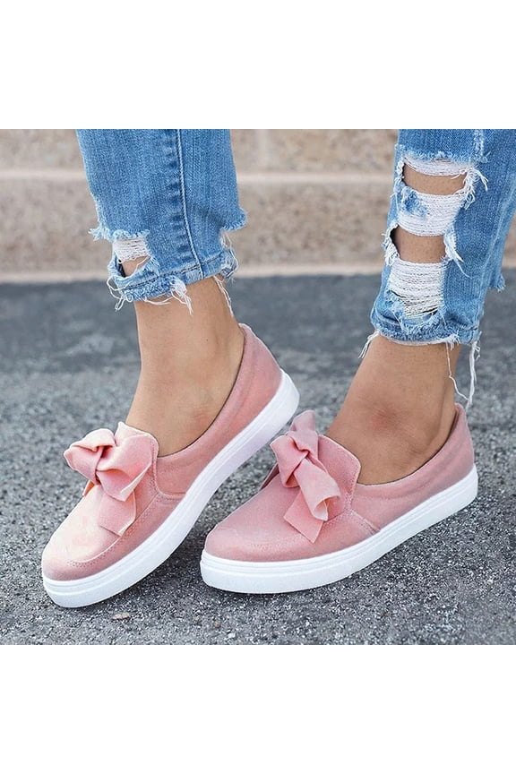 Suede Loafers for Women Slip on Platform Sneakers with Bowknot Walking Shoes Flat Pink