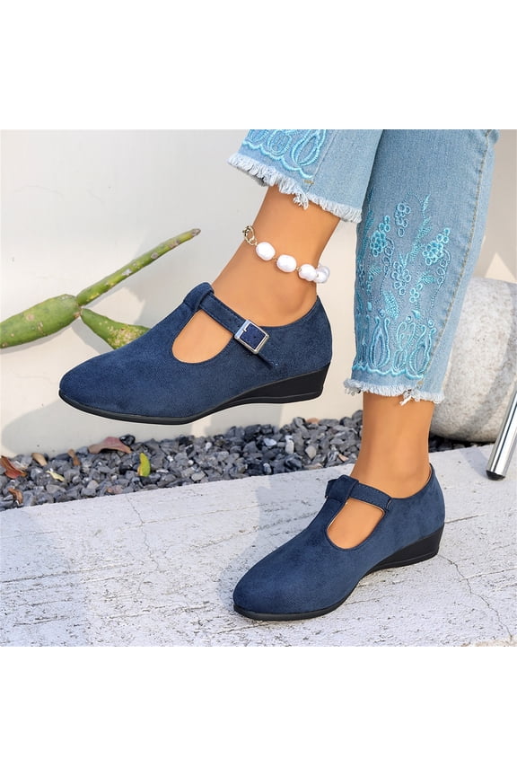 T Strap Mary Janes for Women Faux Suede Closed Toe Mary Jane Wedges with Buckle Comfortable Dress Shoes Work Business Casual