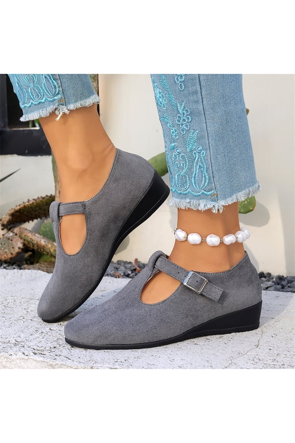 T Strap Mary Janes for Women Faux Suede Closed Toe Mary Jane Wedges with Buckle Comfortable Dress Shoes Work Business Casual