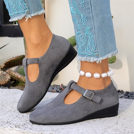 Willtoo T Strap Mary Janes for Women Faux Suede Closed Toe Mary Jane Wedges with Buckle Comfortable Dress Shoes Work Business Casual
