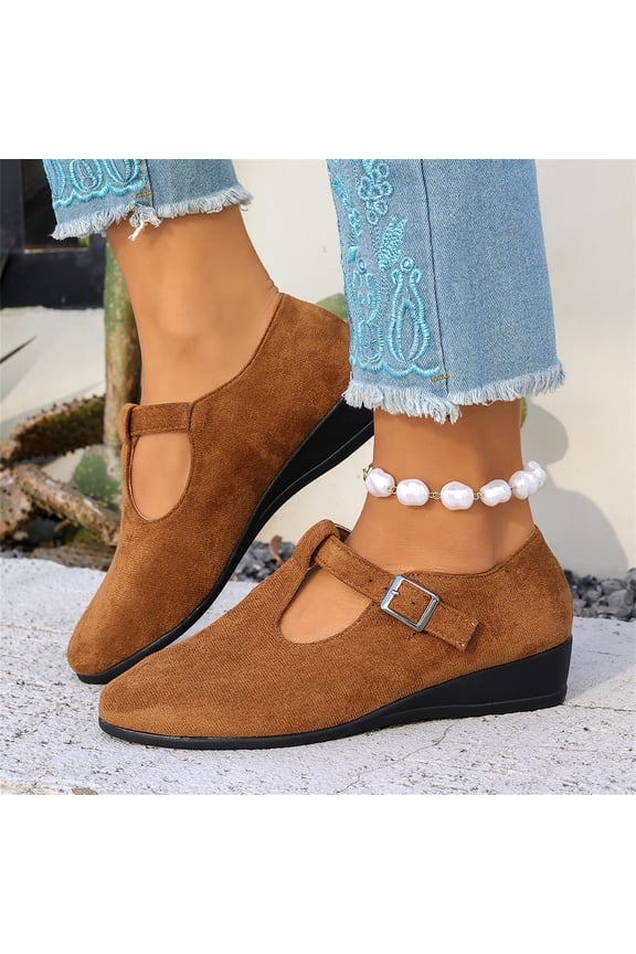 T Strap Mary Janes for Women Faux Suede Closed Toe Mary Jane Wedges with Buckle Comfortable Dress Shoes Work Business Casual