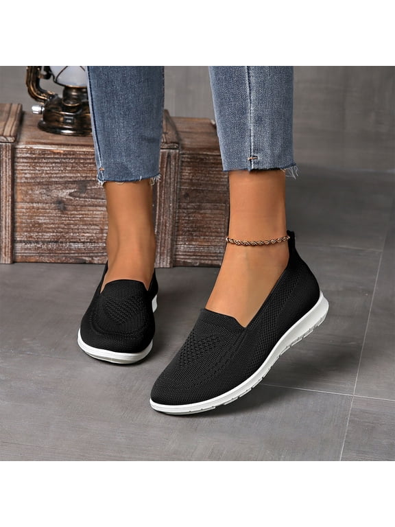 Tennis Shoes Womens Women's Slip on Flat Shoes Comfortable Knit Loafers Lightweight Walking Sneakers Black 9 Wide