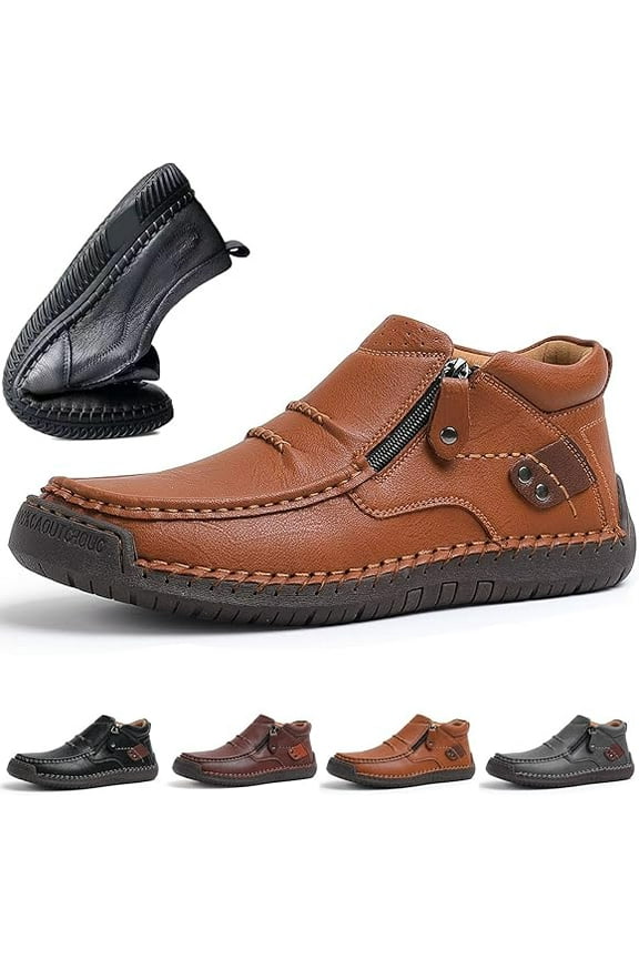The First Young Shoes Men, Men’S Handmade Premium Leather Slip-On Driving Boots Travel & Outdoor Brown 7.5