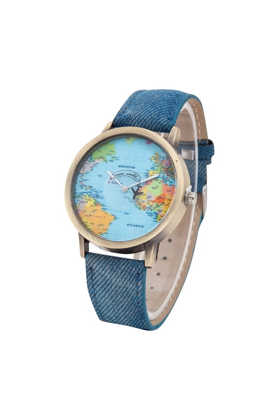 Travel By Plane Map Women Dress Watch Denim Fabric Band Wrist Watch