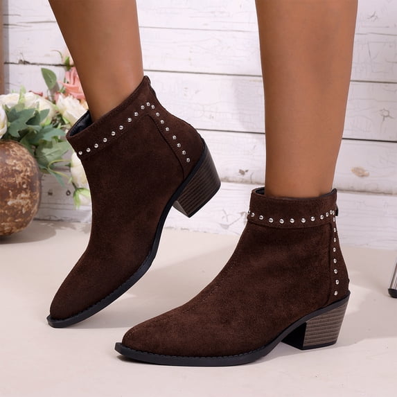 Willtoo Vintage Cowgirl Ankle Boots for Women, Silver Rivet Studded Trim Pointed Toe Side Zipper Wood Block Heel Short Booties, Comfort Casual Fashion Rodeo Fall Winter Boots