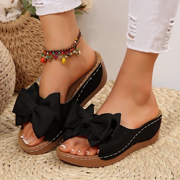 Willtoo Wedge Platform Sandals for Women Summer Dress Low Heels Cute Bow Open Toe Slides Sandals Soft Comfortable Slip On Beach Vacation Slippers Shoes Black US-9（EU-42）