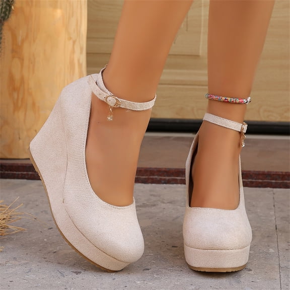 Willtoo Wedges for Women Closed Round Toe Ankle Strap Platform High Heel Wedge Pumps Dress Shoes Beige