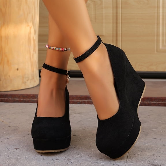 Willtoo Wedges for Women Closed Round Toe Ankle Strap Platform High Heel Wedge Pumps Dress Shoes Black