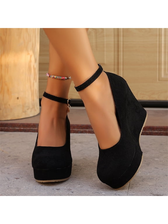 Wedges for Women Closed Round Toe Ankle Strap Platform High Heel Wedge Pumps Dress Shoes Black
