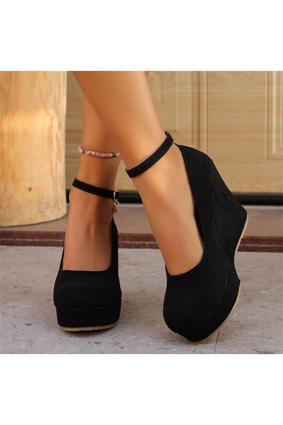 Wedges for Women Closed Round Toe Ankle Strap Platform High Heel Wedge Pumps Dress Shoes Black
