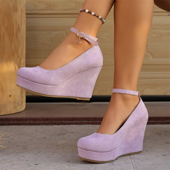 Willtoo Wedges for Women Closed Round Toe Ankle Strap Platform High Heel Wedge Pumps Dress Shoes Light Purple