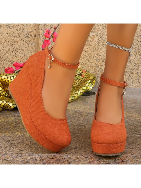 Wedges for Women Closed Round Toe Ankle Strap Platform High Heel Wedge Pumps Dress Shoes Orange