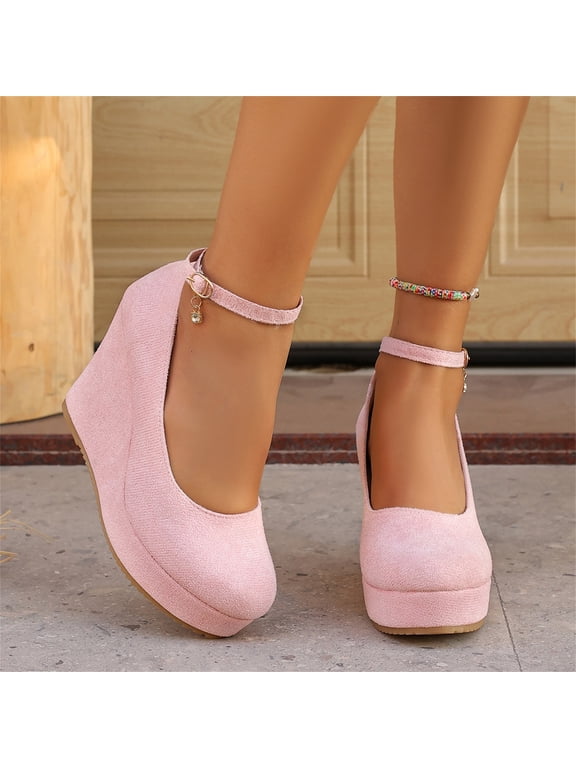 Wedges for Women Closed Round Toe Ankle Strap Platform High Heel Wedge Pumps Dress Shoes Pink