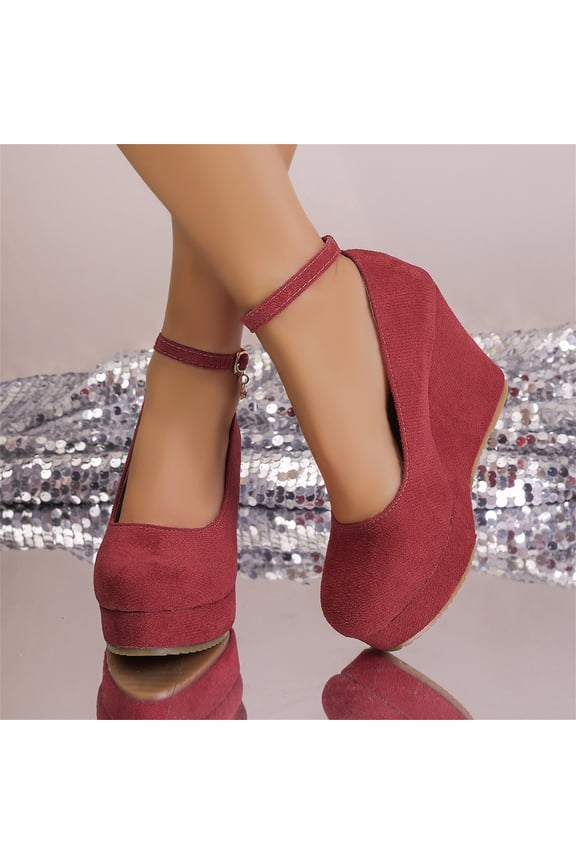 Wedges for Women Closed Round Toe Ankle Strap Platform High Heel Wedge Pumps Dress Shoes Red