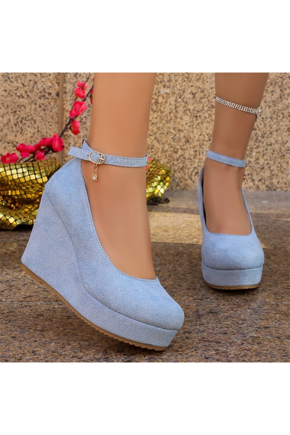 Wedges for Women Closed Round Toe Ankle Strap Platform High Heel Wedge Pumps Dress Shoes Sky Blue