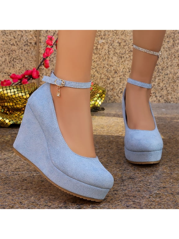 Wedges for Women Closed Round Toe Ankle Strap Platform High Heel Wedge Pumps Dress Shoes Sky Blue