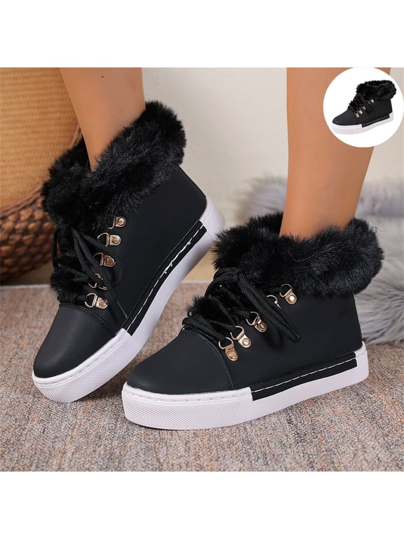 Winter Ankle Boots for Women Plush Lined High Top Sneakers, Faux Fur Cuff Lace-Up Warm Boots, Non Slip Platform Casual Shoes
