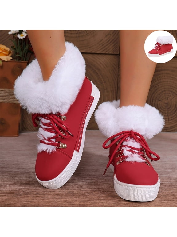 Winter Ankle Boots for Women Plush Lined High Top Sneakers, Faux Fur Cuff Lace-Up Warm Boots, Non Slip Platform Casual Shoes
