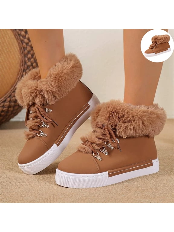 Winter Ankle Boots for Women Plush Lined High Top Sneakers, Faux Fur Cuff Lace-Up Warm Boots, Non Slip Platform Casual Shoes