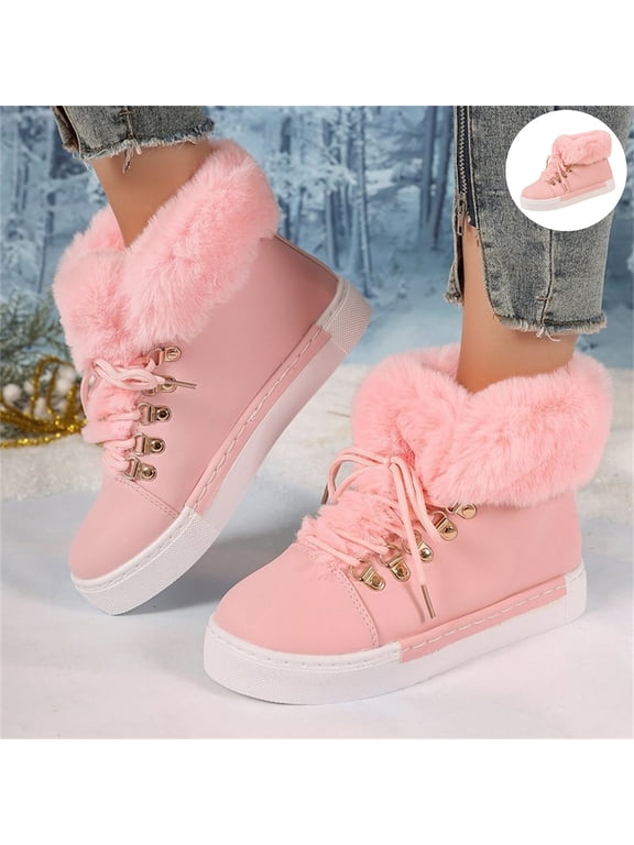 Winter Ankle Boots for Women Plush Lined High Top Sneakers, Faux Fur Cuff Lace-Up Warm Boots, Non Slip Platform Casual Shoes