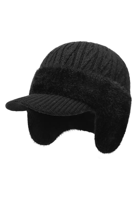 Winter Beanie with Brim Ear Flaps for Men Women, Warm Fleece Lined Knit Hat Stocking Caps for for The Cold Weather Black