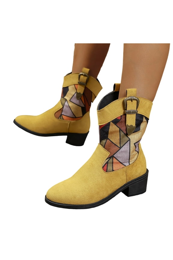 Winter Boots for Women Boho Geometric Print Western Cowboy Ankle Boots, Retro Suede Buckle Strap Mid Block Heel Pointed Toe Cowgirl Booties, Non-Slip Casual Fashion Short Boots