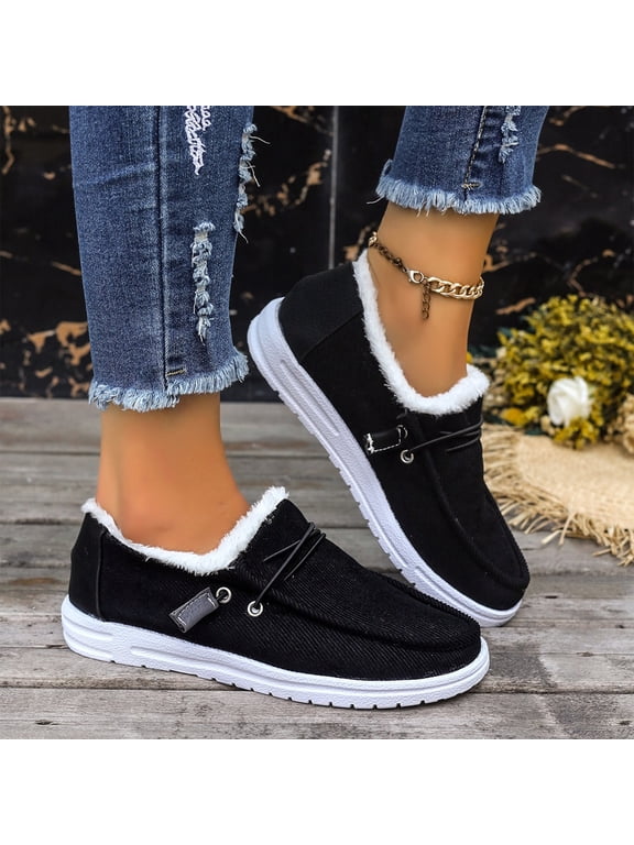Winter Flat Shoes Womens Round Toe Thick Sole Casual Loafers Warm Plush Lined Fuzzy Slip On Platform Shoes Non Slip Comfortable Walking Shoes