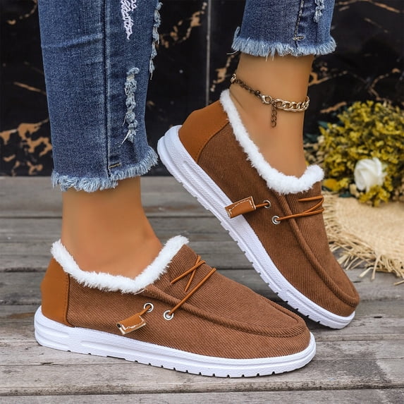 Willtoo Winter Flat Shoes Womens Round Toe Thick Sole Casual Loafers Warm Plush Lined Fuzzy Slip On Platform Shoes Non Slip Comfortable Walking Shoes