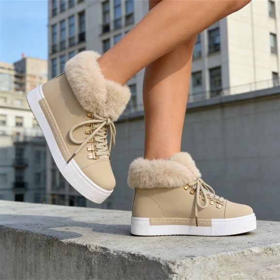 Willtoo Winter Women's Snow Boots Short Barrel,Plus Size, Fleece Lined Thickened Boots for Cold Weather Beige