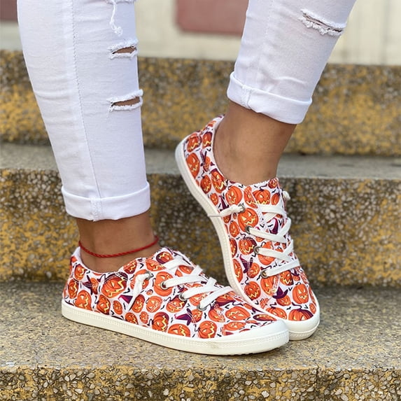 Willtoo Women 2026 Halloween Pumpkin Shoes Cute Spooky Print Loafers Lightweight Comfortable Platform Casual Walking Shoes Slip on Flat Sneakers Boat Shoes with Soft Sole
