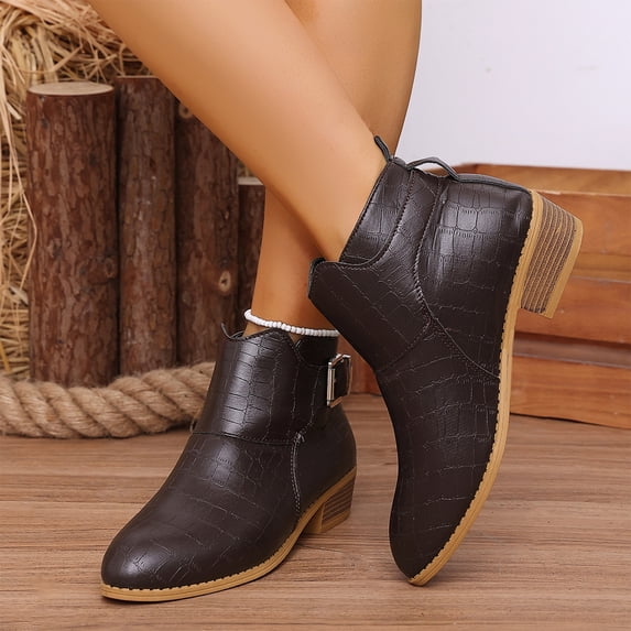 Willtoo Women Ankle Boots Metal Buckle Strap Low Block Heel Chelsea Booties Round Toe Side Zipper Short Boots Fashion Casual Shoes