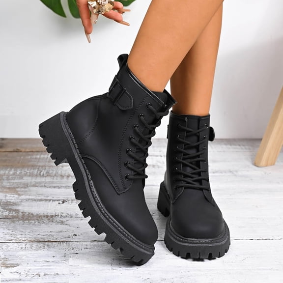Willtoo Women Chunky Lug Sole Lace up Combat Boots Low Heel Fashion Leather Motorcycle Riding Round Toe British Casual Work Boots Womens Outdoor Non-Slip Platform Comfortable Short Booties Black