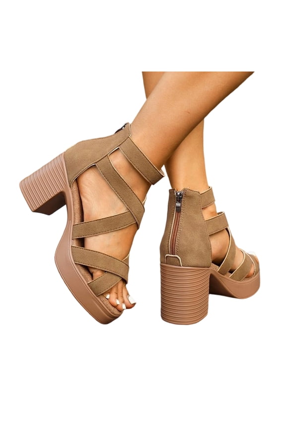 Women Chunky Mid High Heel Sandals Open Toe T-Strap Pumps Cutout Dress Party Prom Office Strappy Shoes Elastic Back Zipper