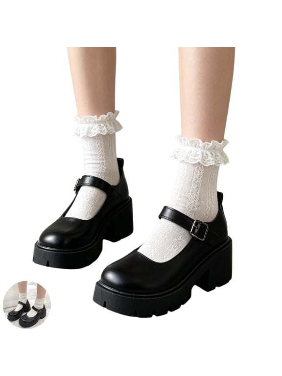 Women Chunky Platform Mary Jane Flats, Round Toe Buckle Strap Lug Sole Fashion Casual Walking Shoes