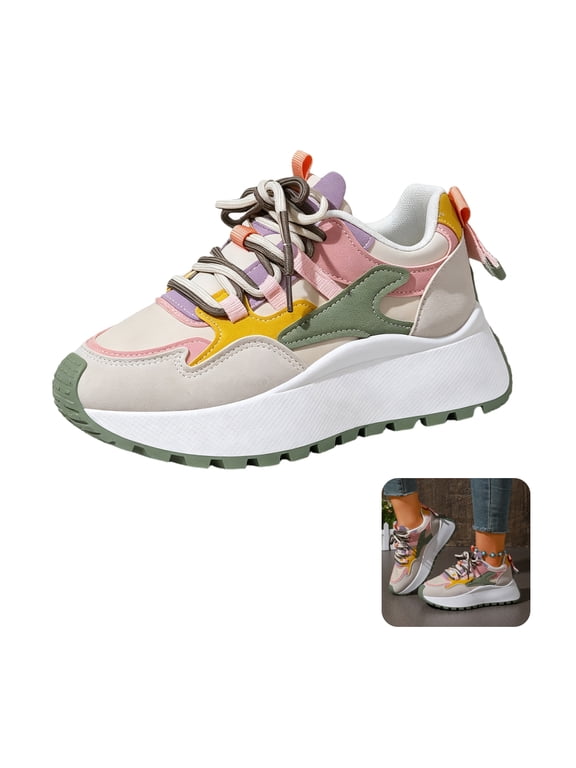Women Chunky Platform Sneakers Lace Up Elevated Color Block Versatile Comfort Casual Athletic Walking Shoes