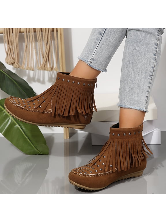 Women Classic Fringe Studded Boots Faux Suede Tassel Cowboys Round Toe Flat Booties Retro Low Heel Fashion Casual Western Outdoor Short Boots