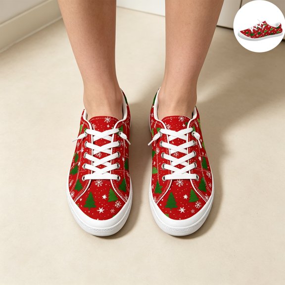 Willtoo Women Fashion Christmas Holiday Canvas Sneakers, Print Lace Up Casual Shoes, Round Toe Lightweight Walking Shoes