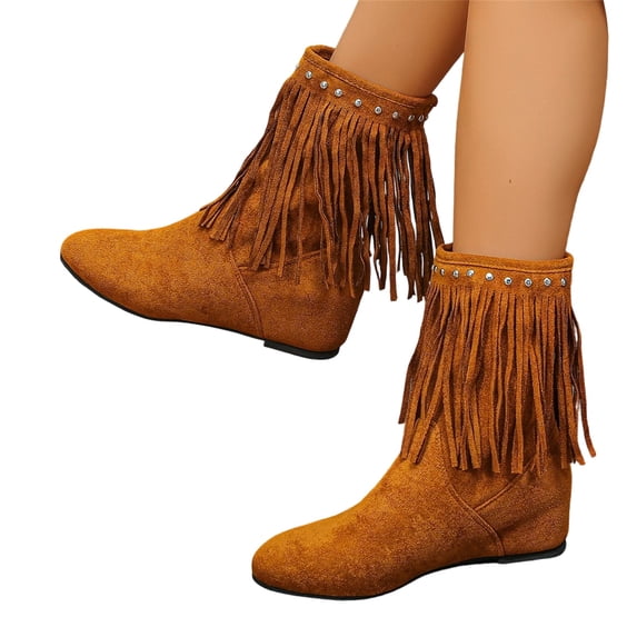 Willtoo Women Faux Suede Fringe Ankle Boots, Round Toe Slip On Casual Short Boots, Wedge Comfortable Cowboy Fashion Boots