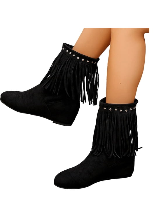 Women Faux Suede Fringe Ankle Boots, Round Toe Slip On Casual Short Boots, Wedge Comfortable Cowboy Fashion Boots